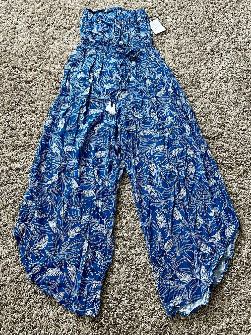 Japna Blue Leaf-Print Strapless Wide-Leg Jumpsuit